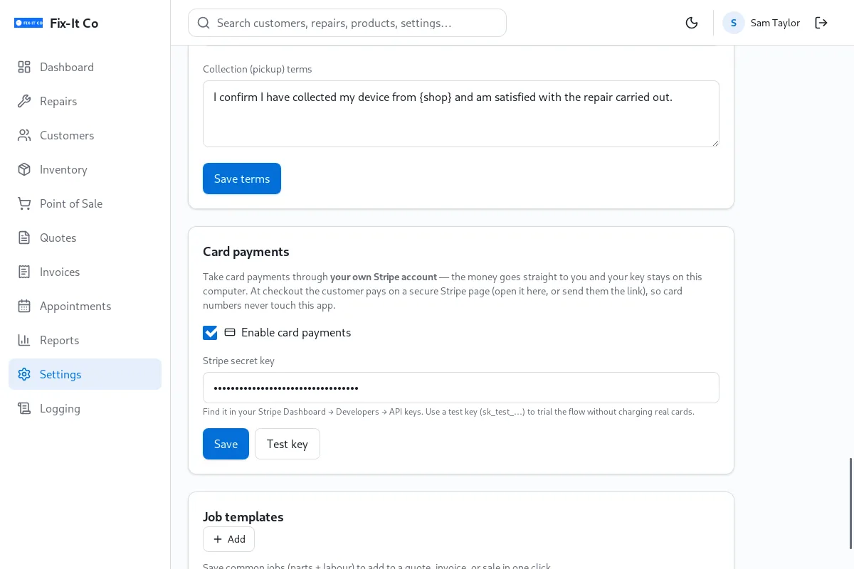 Card payment settings in Repair Shop using the shop's own Stripe account.
