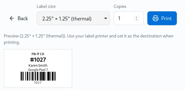Barcode label print preview in Repair Shop for a repair device tag.