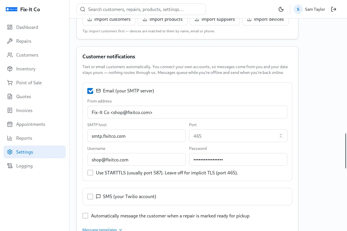 Customer notification settings in Repair Shop.