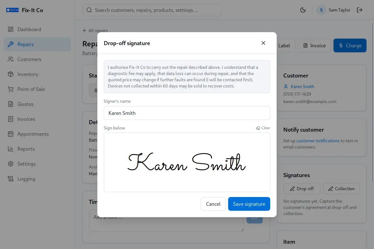 On-screen signature capture for a valuable item in Repair Shop.