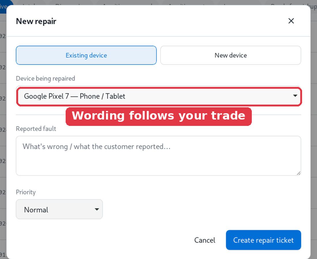 The new-repair form