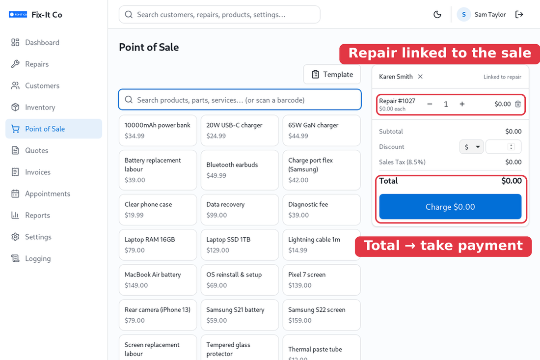 Ring up a sale (with a repair linked in)