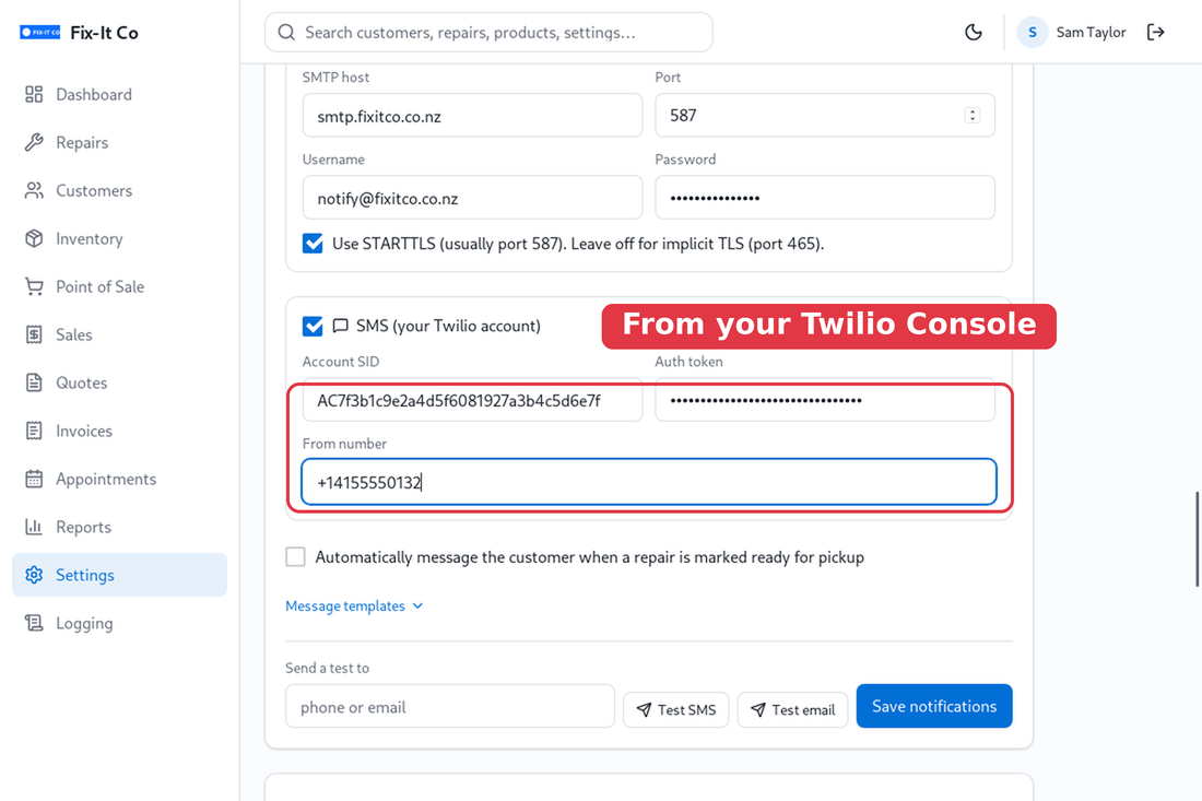 Paste your Twilio credentials