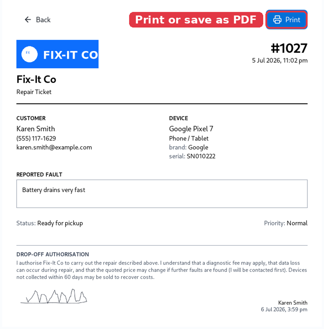 A print-ready repair ticket