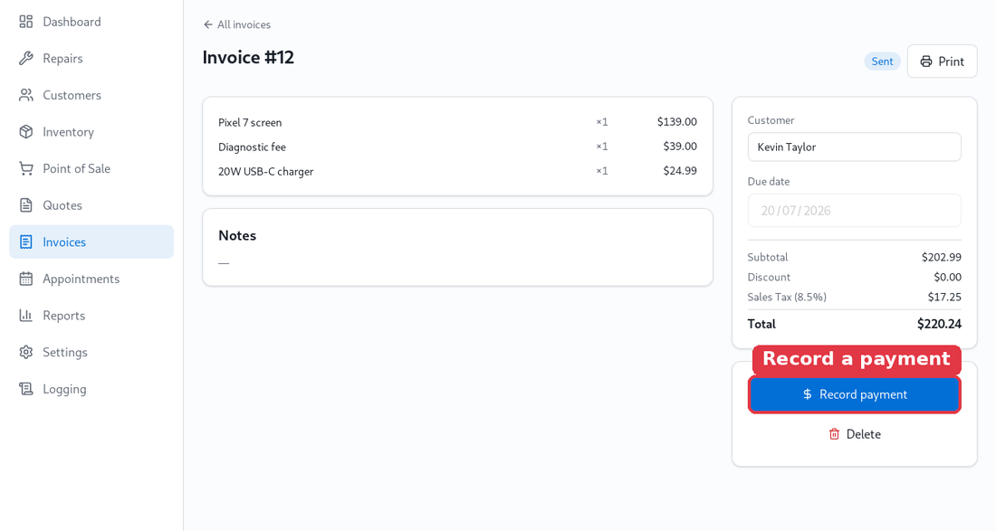 Record a payment against an invoice