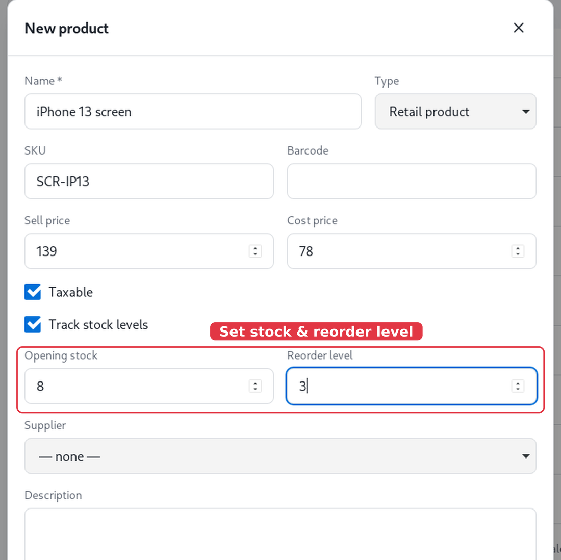 Add a product with stock tracking