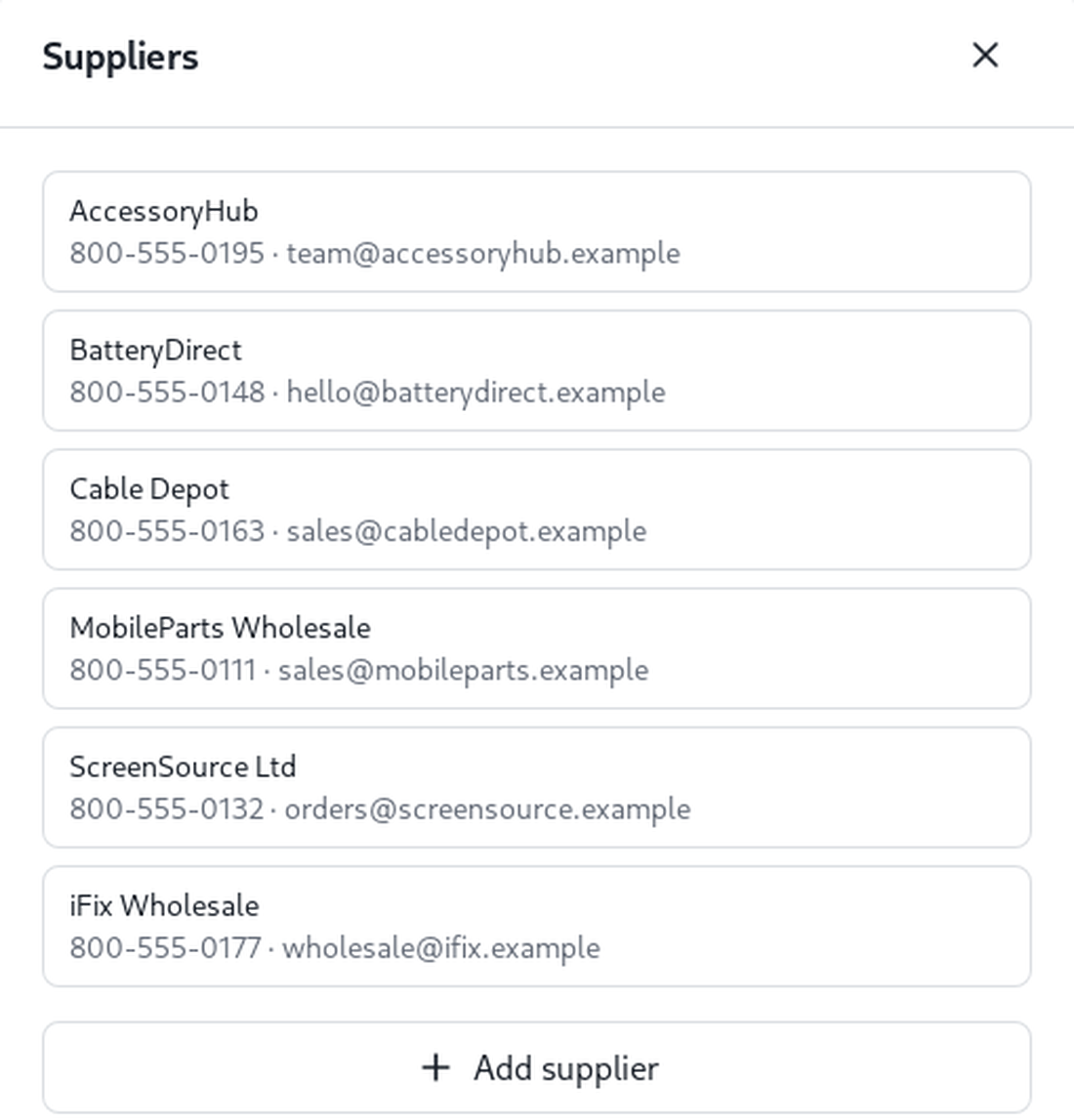 Your suppliers, reused on purchase orders