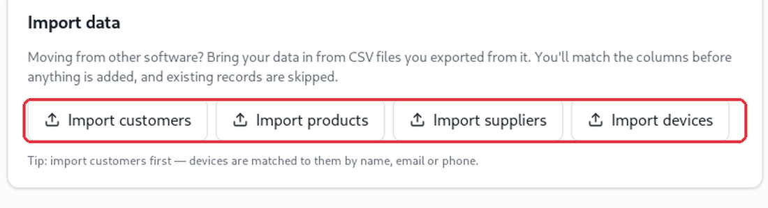 Import customers, products, suppliers or devices from CSV