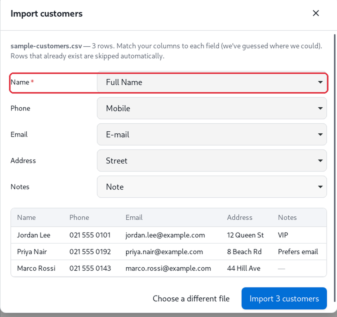 Match your CSV columns to each field