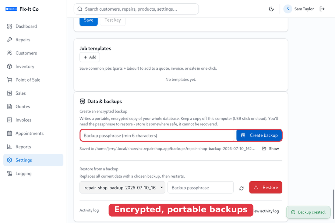 Create and restore encrypted backups