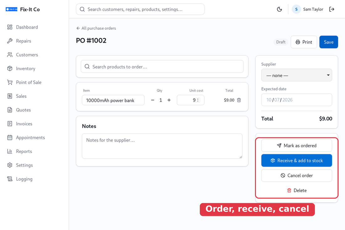 Purchase order actions