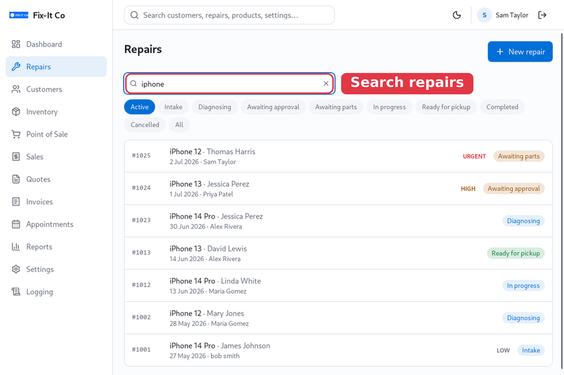Search and filter the repairs list