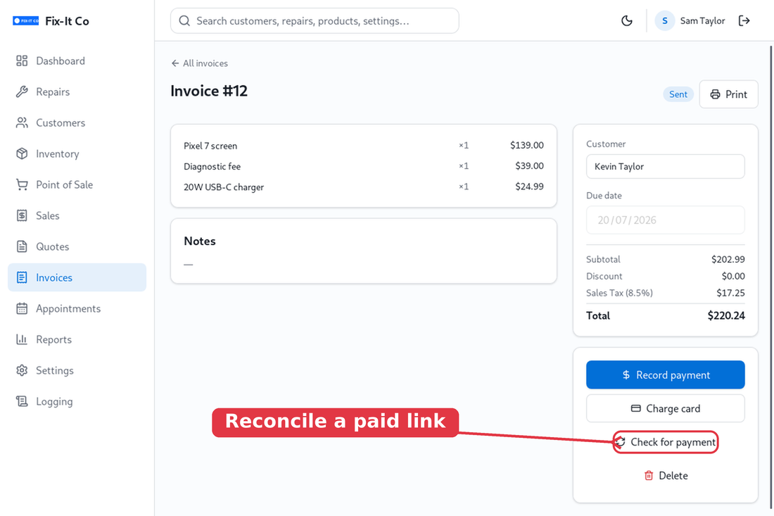 Check for payment on an invoice