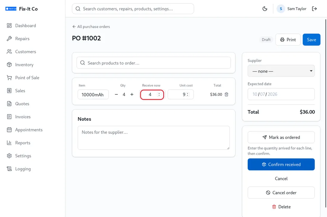 Receive part of a purchase order