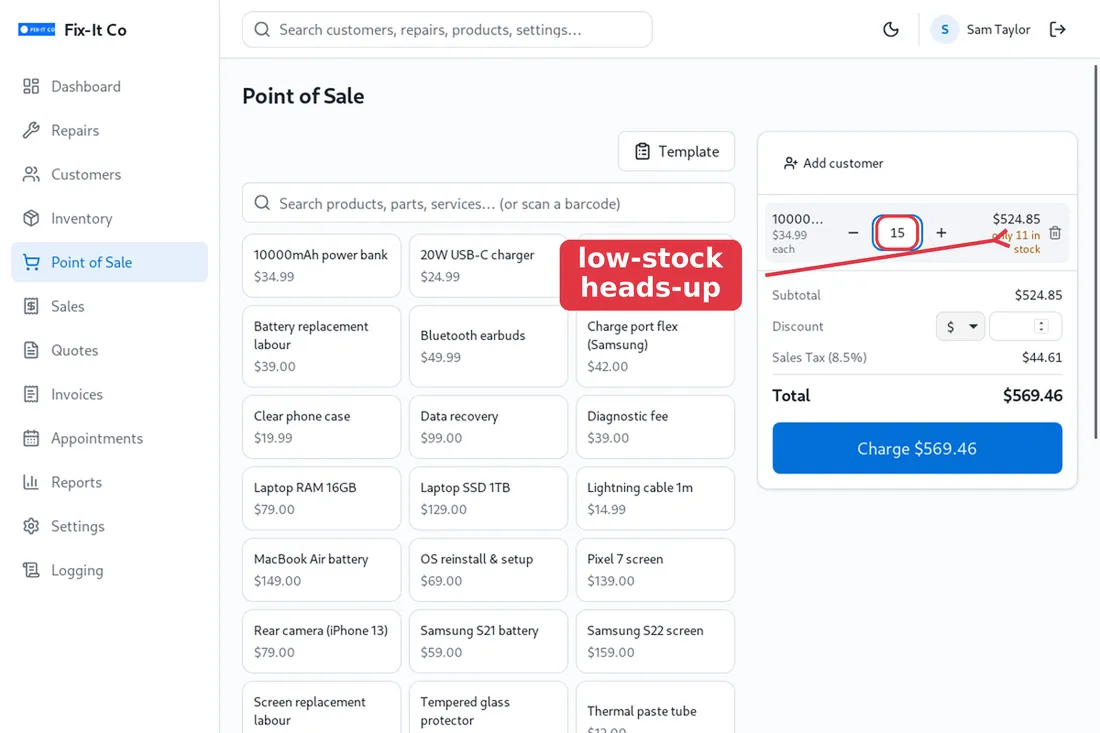 Type a quantity; low-stock warning