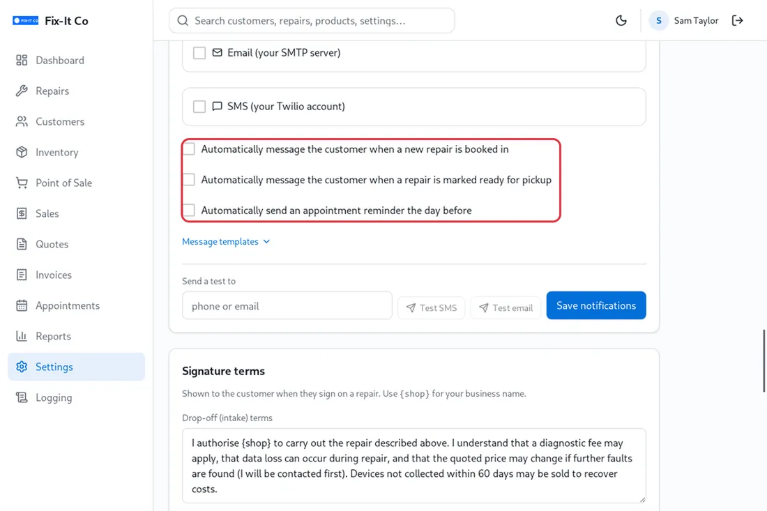 Automatic message options
