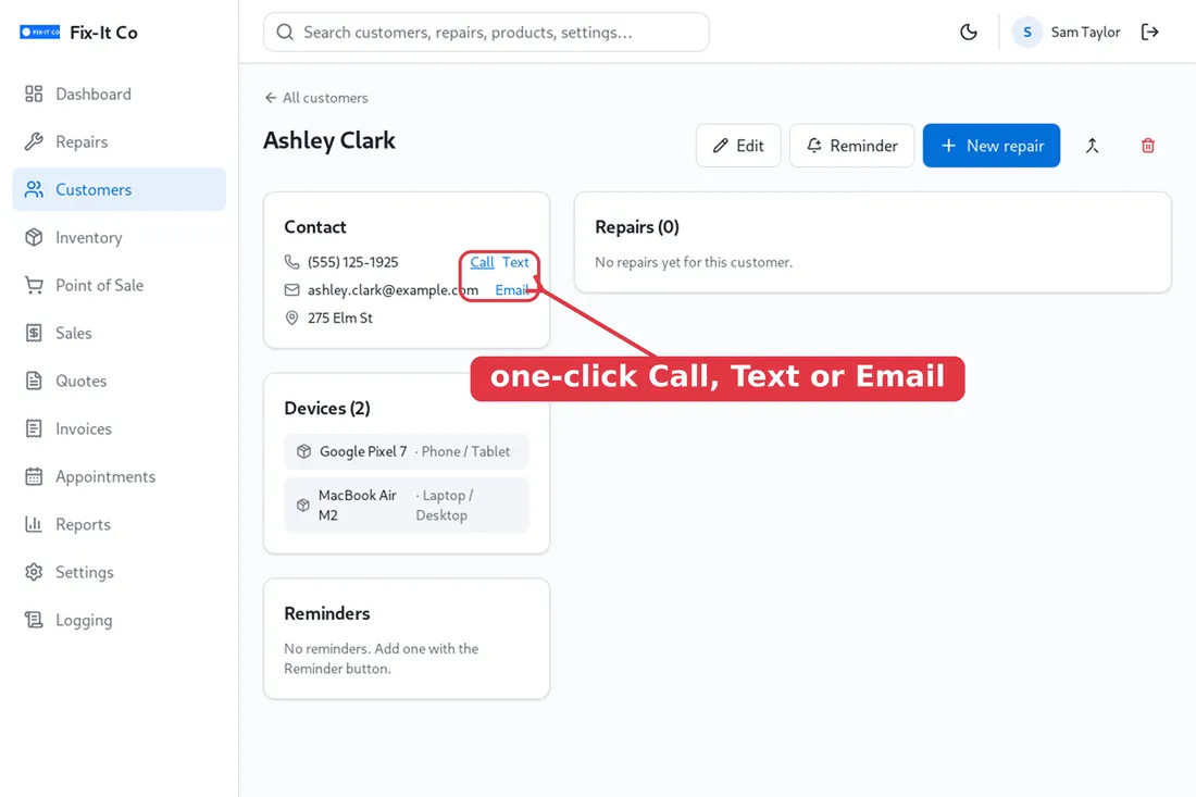 One page per customer, with quick contact links