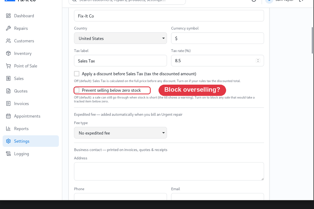 The Prevent selling below zero stock setting